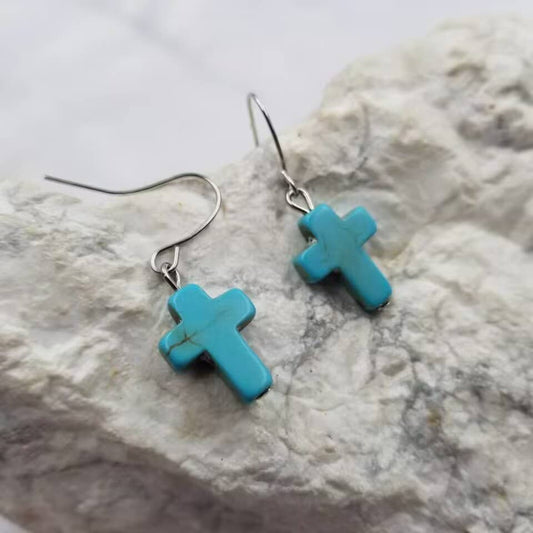 Turquoise Stone Cross Earrings