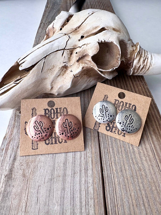 Western Cactus Round Stud Earrings