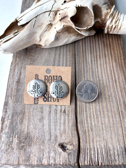 Western Cactus Round Stud Earrings
