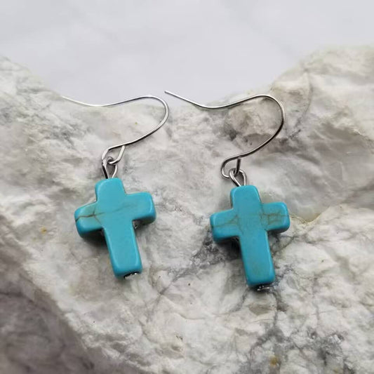 Turquoise Stone Cross Earrings
