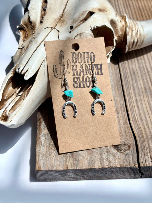 Western Horseshoe Turquoise Stone Drop Earrings