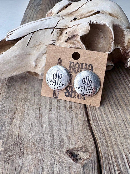 Western Cactus Round Stud Earrings